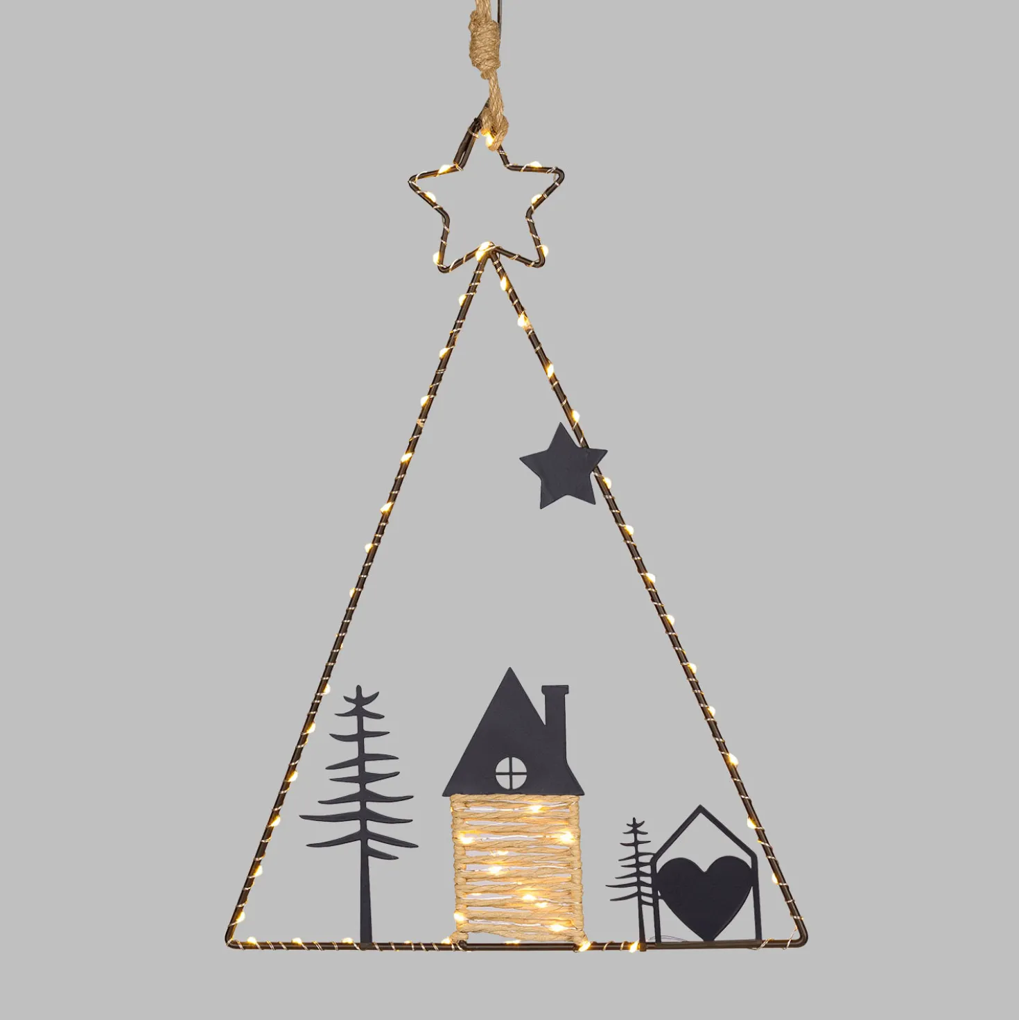 Albero di Natale a batteria da appendere, h 41 cm, metallo nero e MicroLED bianco caldo