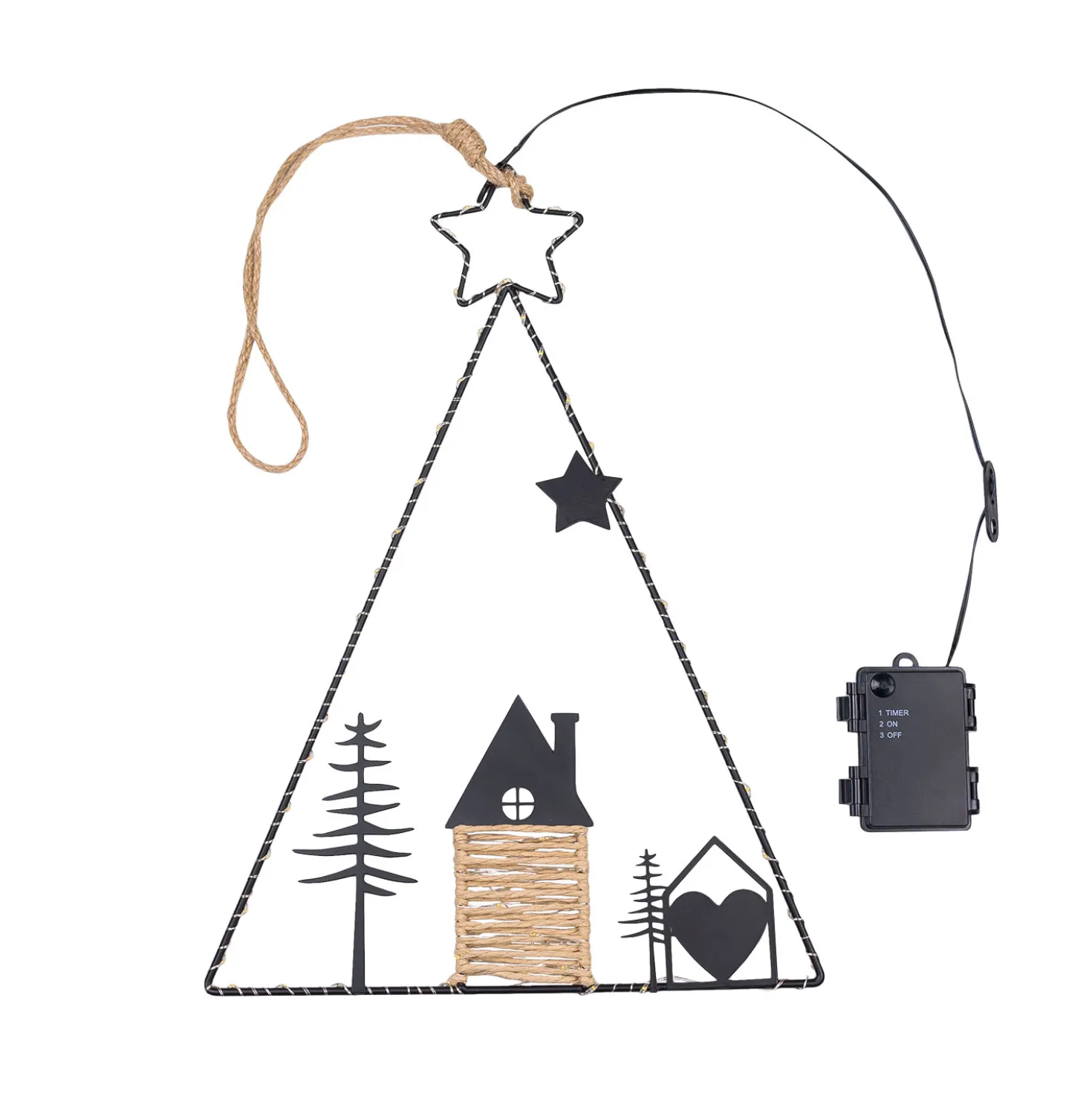 Albero di Natale a batteria da appendere, h 41 cm, metallo nero e MicroLED bianco caldo
