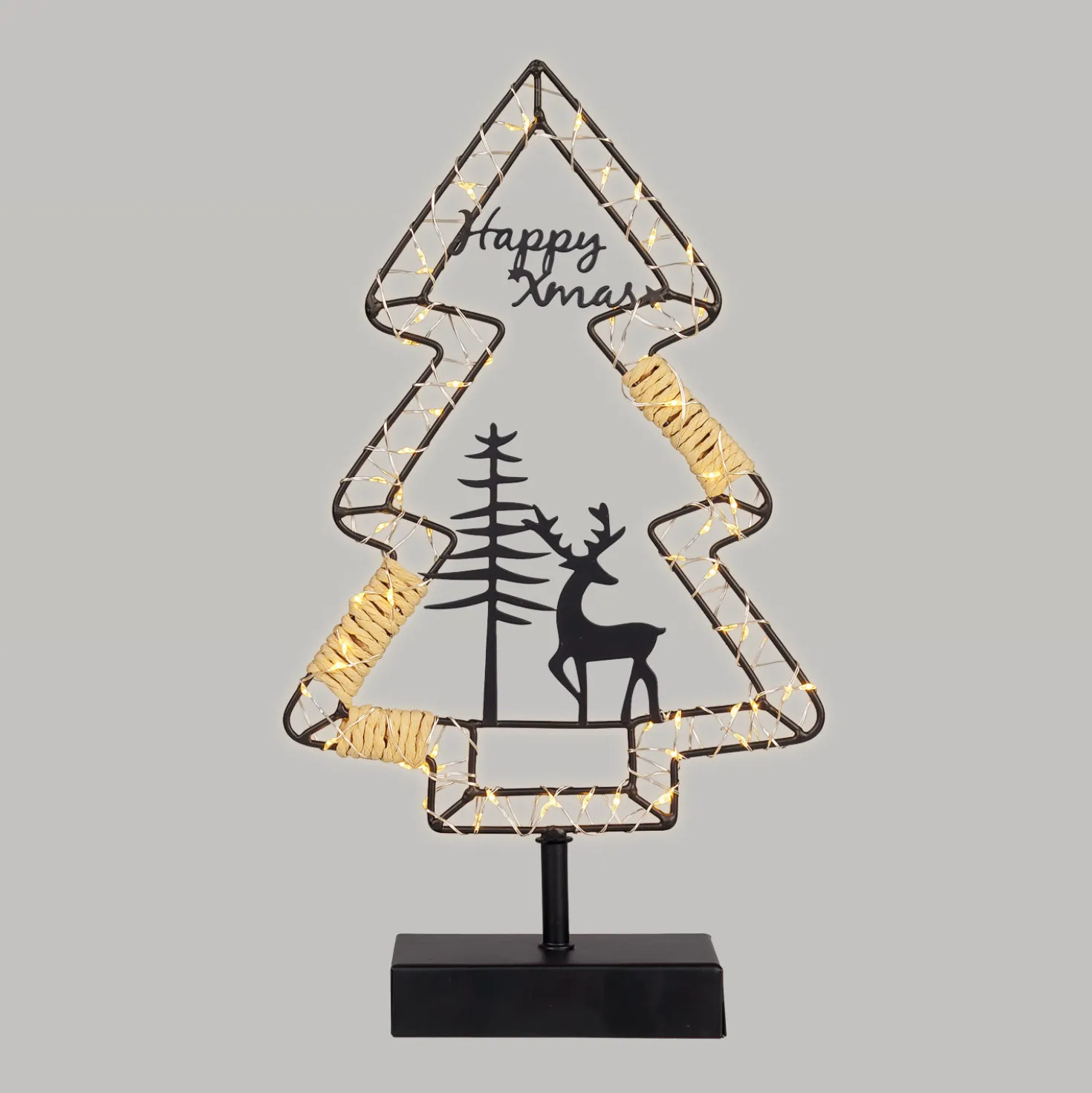 Albero di Natale con base da appoggio, h 35 cm, metallo nero e MicroLED bianco caldo