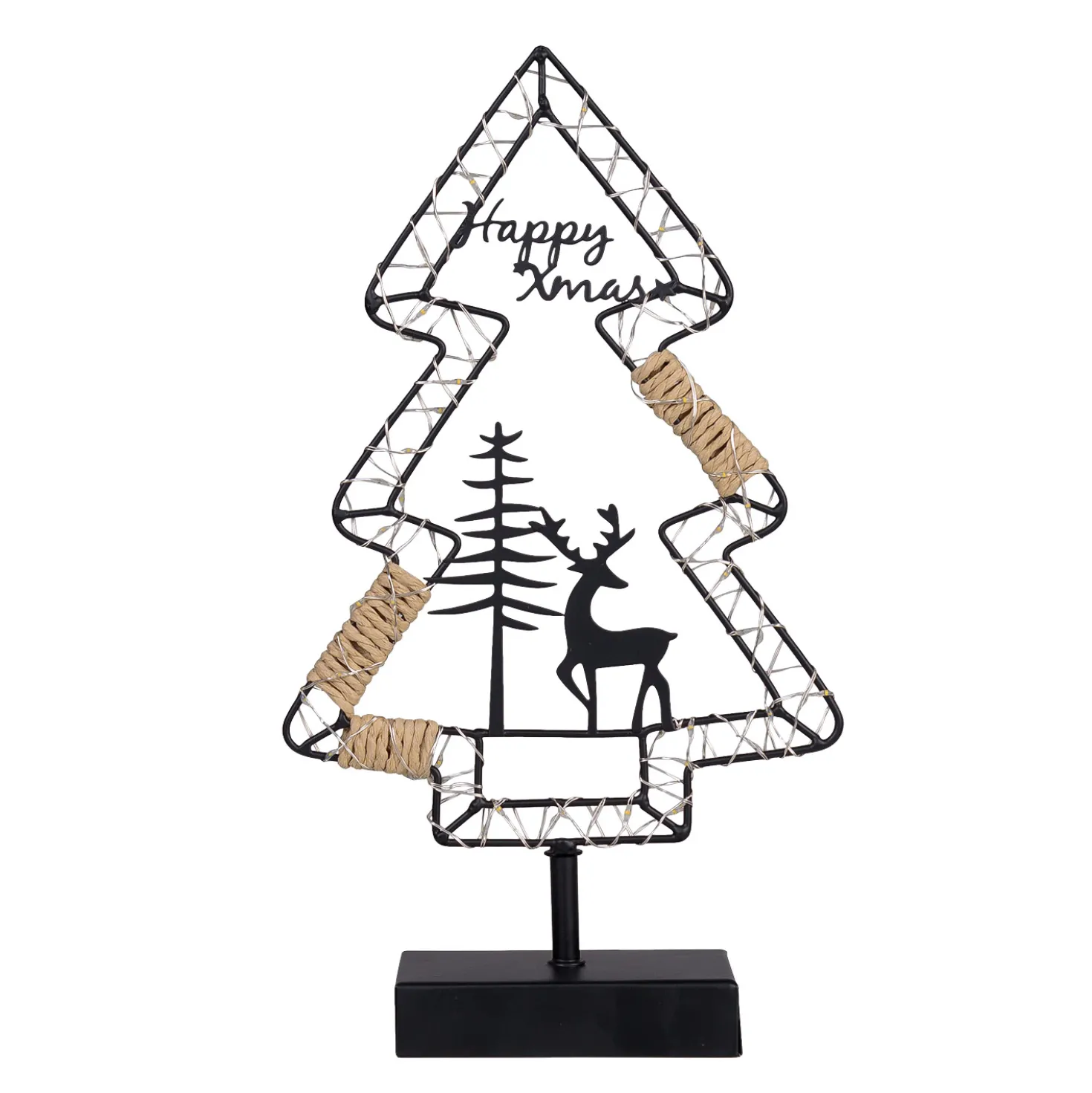 Albero di Natale con base da appoggio, h 35 cm, metallo nero e MicroLED bianco caldo