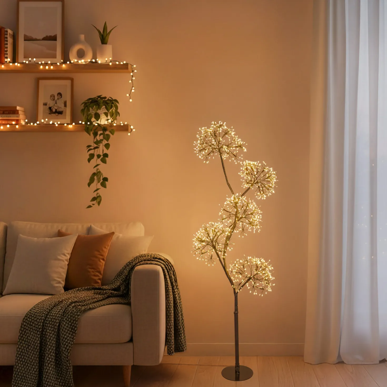 Albero Ramo 5 sfere RICCO nero, h 1,2 m, 1200 microled bianco caldo, uso interno