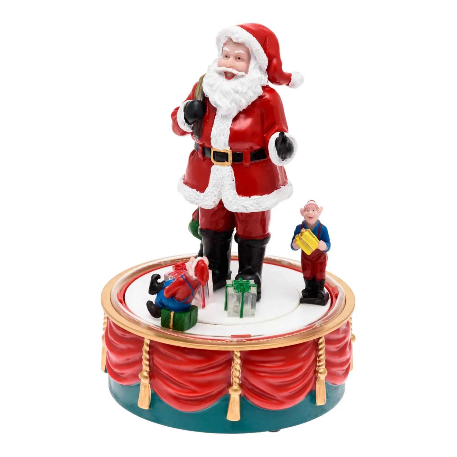 Babbo Natale con Elfi in movimento rotatorio, h 19 cm, musiche natalizie