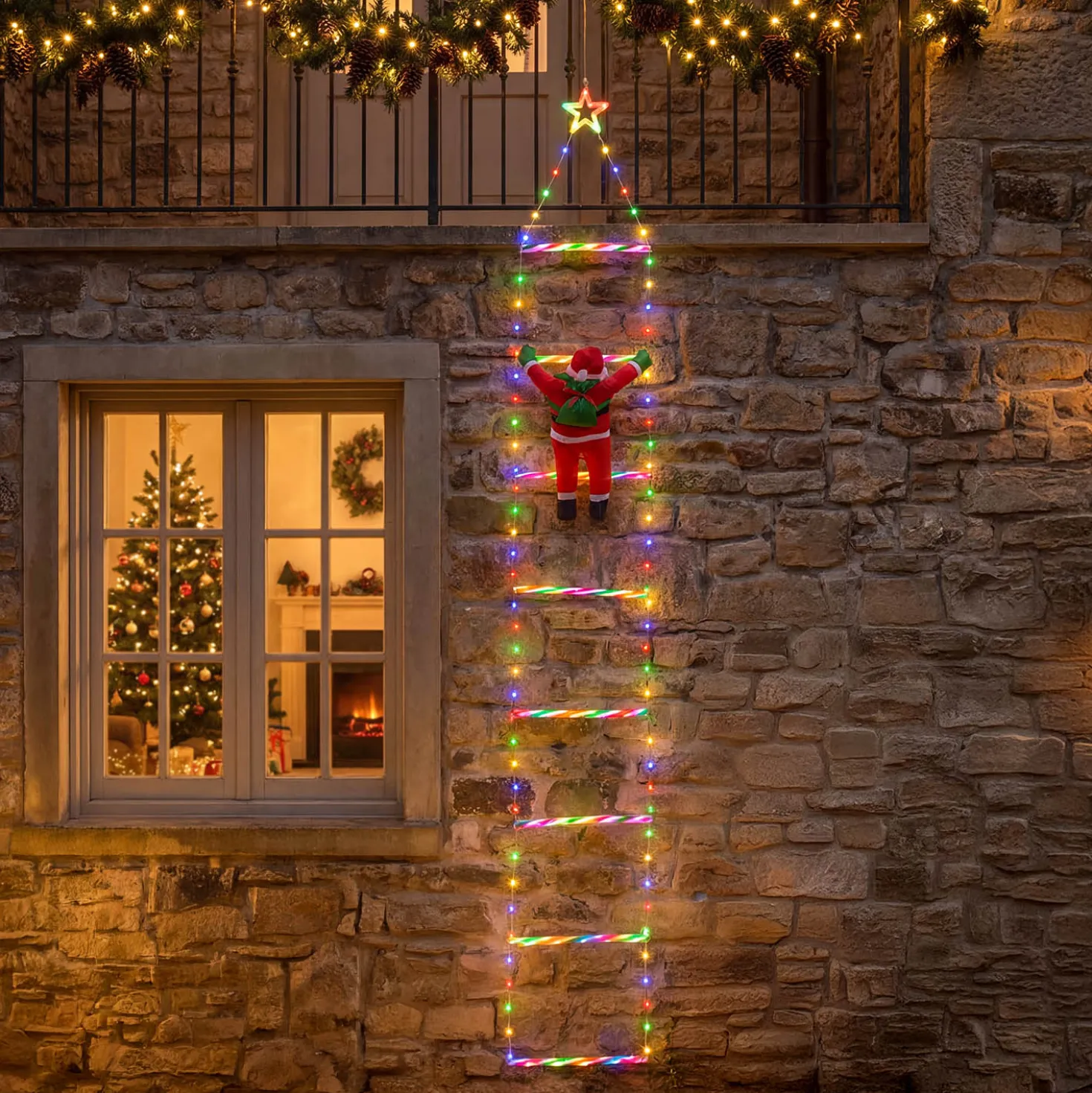 Babbo Natale su scala luminosa, h 200 cm, Dual LED bianco caldo e multicolor