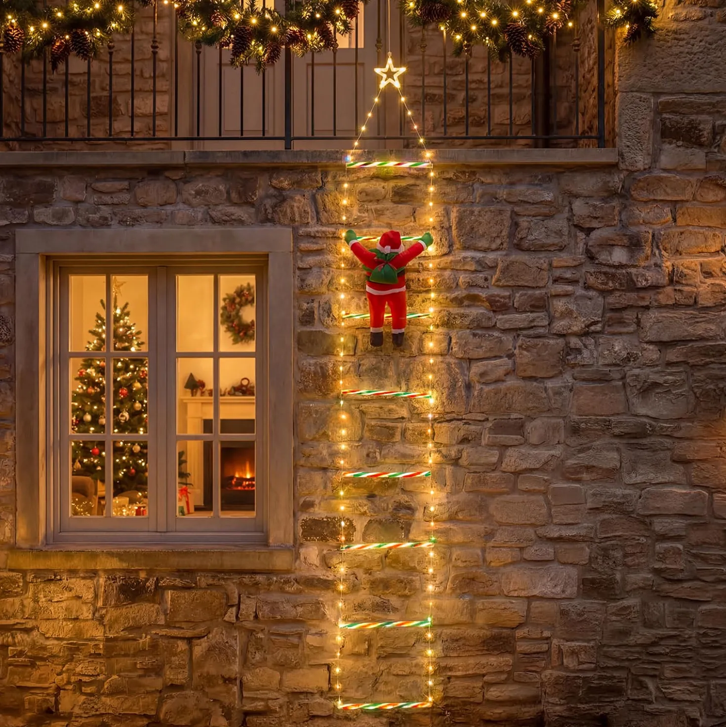 Babbo Natale su scala luminosa, h 200 cm, Dual LED bianco caldo e multicolor