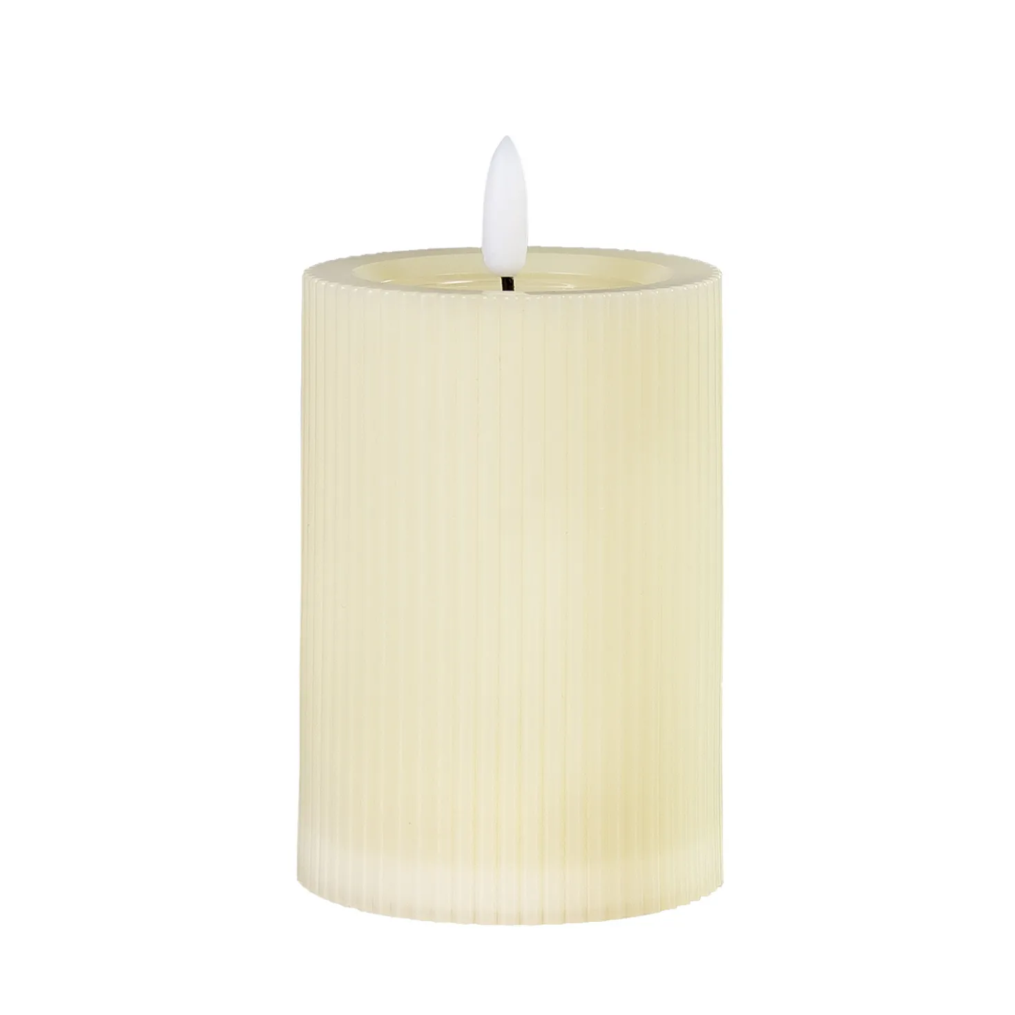Candela Avorio a Coste per uso esterno, h 10 cm, Ø 7,5cm, fiamma 3D con stoppino ed effetto cera sciolta