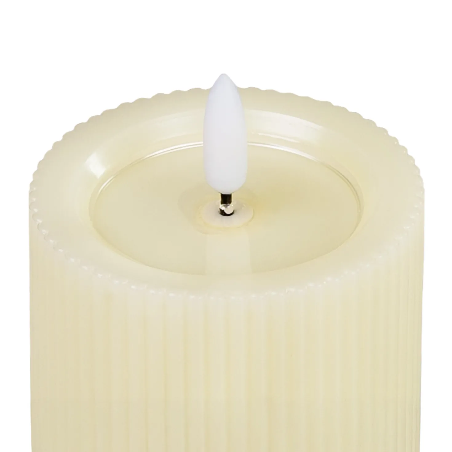 Candela Avorio a Coste per uso esterno, h 10 cm, Ø 7,5cm, fiamma 3D con stoppino ed effetto cera sciolta