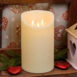 Candela in cera ruvida avorio con 3 fiamme, h 25 cm