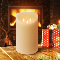Candela in cera ruvida avorio con 3 fiamme, h 25 cm