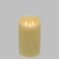 Candela in cera ruvida avorio con 3 fiamme, h 25 cm