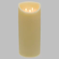 Candela in cera ruvida avorio con 3 fiamme, h 35 cm