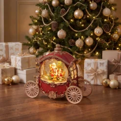 Carrozza Rosso e Oro, glitter scintillanti, h 22 cm, led bianco caldo, musiche natalizie