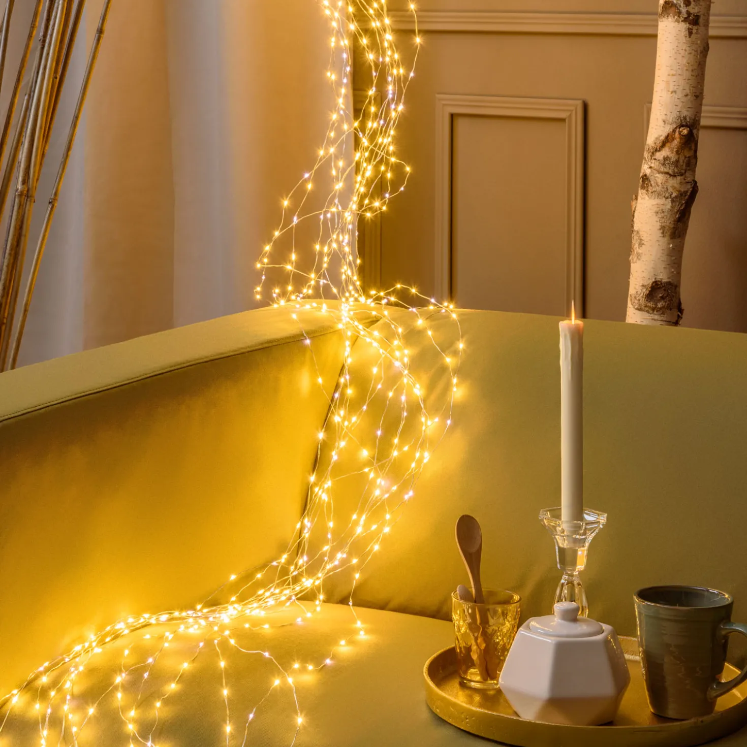 Cascata di luce 4 m, 1200 microled bianco caldo e bianco freddo, cavo argento