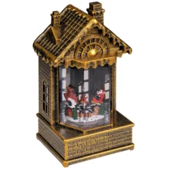Casetta di Natale marrone brunita, glitter scintillante, h 19,5 cm, musiche natalizie, led bianco caldo
