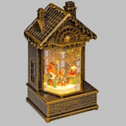 Casetta di Natale marrone brunita, glitter scintillante, h 19,5 cm, musiche natalizie, led bianco caldo