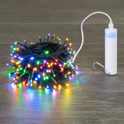 Catena a batteria con power bank 10 m, 200 miniled multicolor, cavo verde