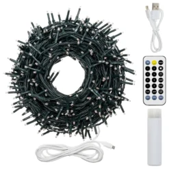 Catena a batteria con power bank 20 m, 400 miniled bianco caldo, cavo verde