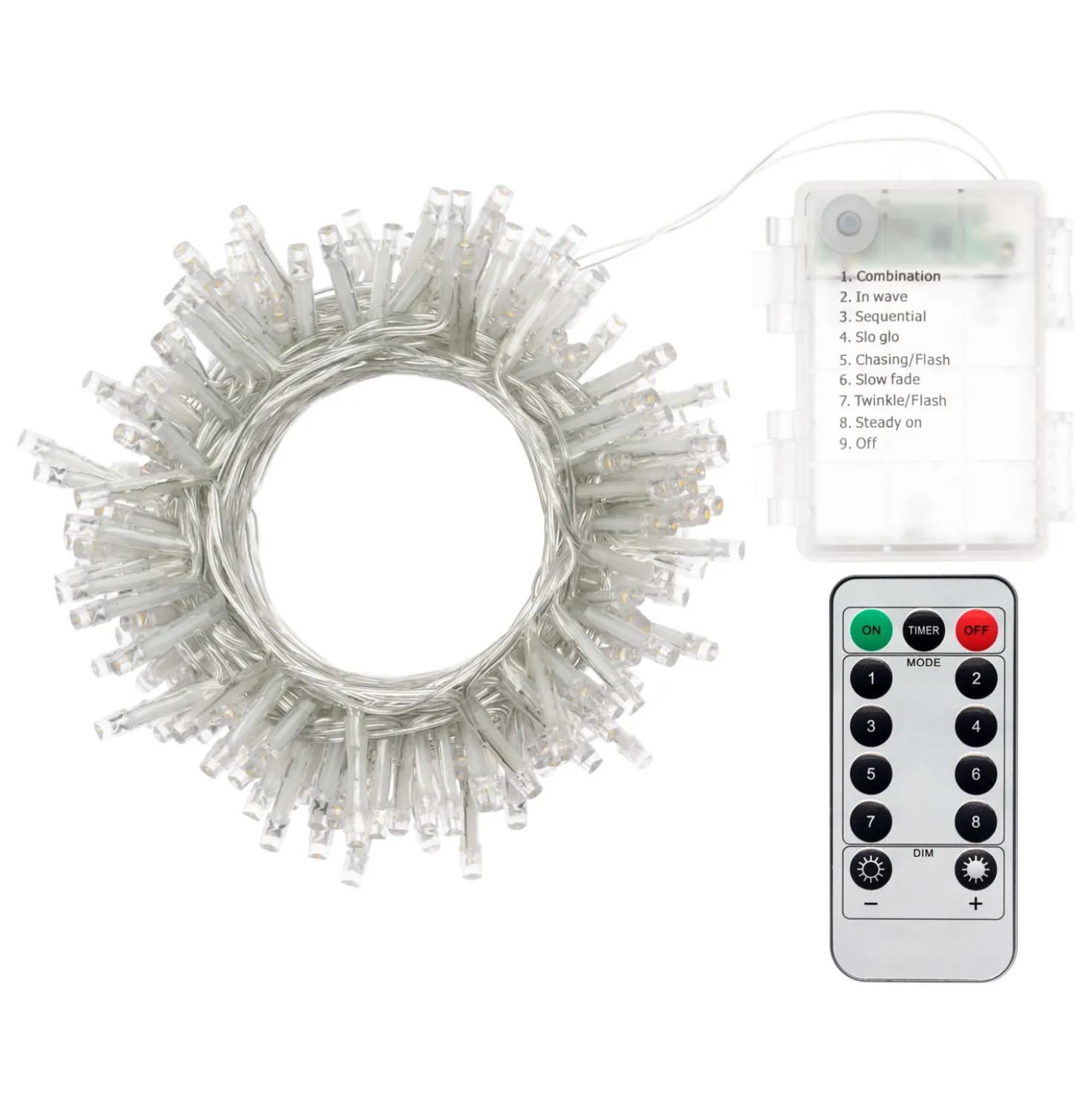 Catena a batteria 7,2 m, 180 led bianco caldo, cavo trasparente, con telecomando