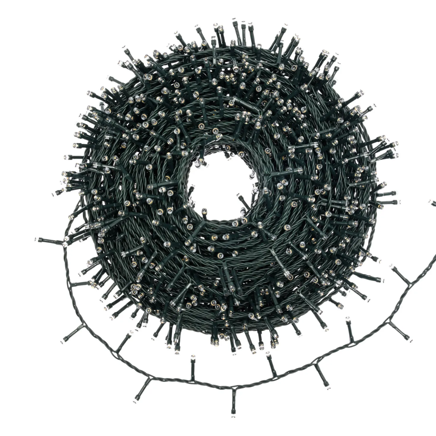 Catena con avvolgitore 60 m, 1500 led bianco caldo, cavo verde