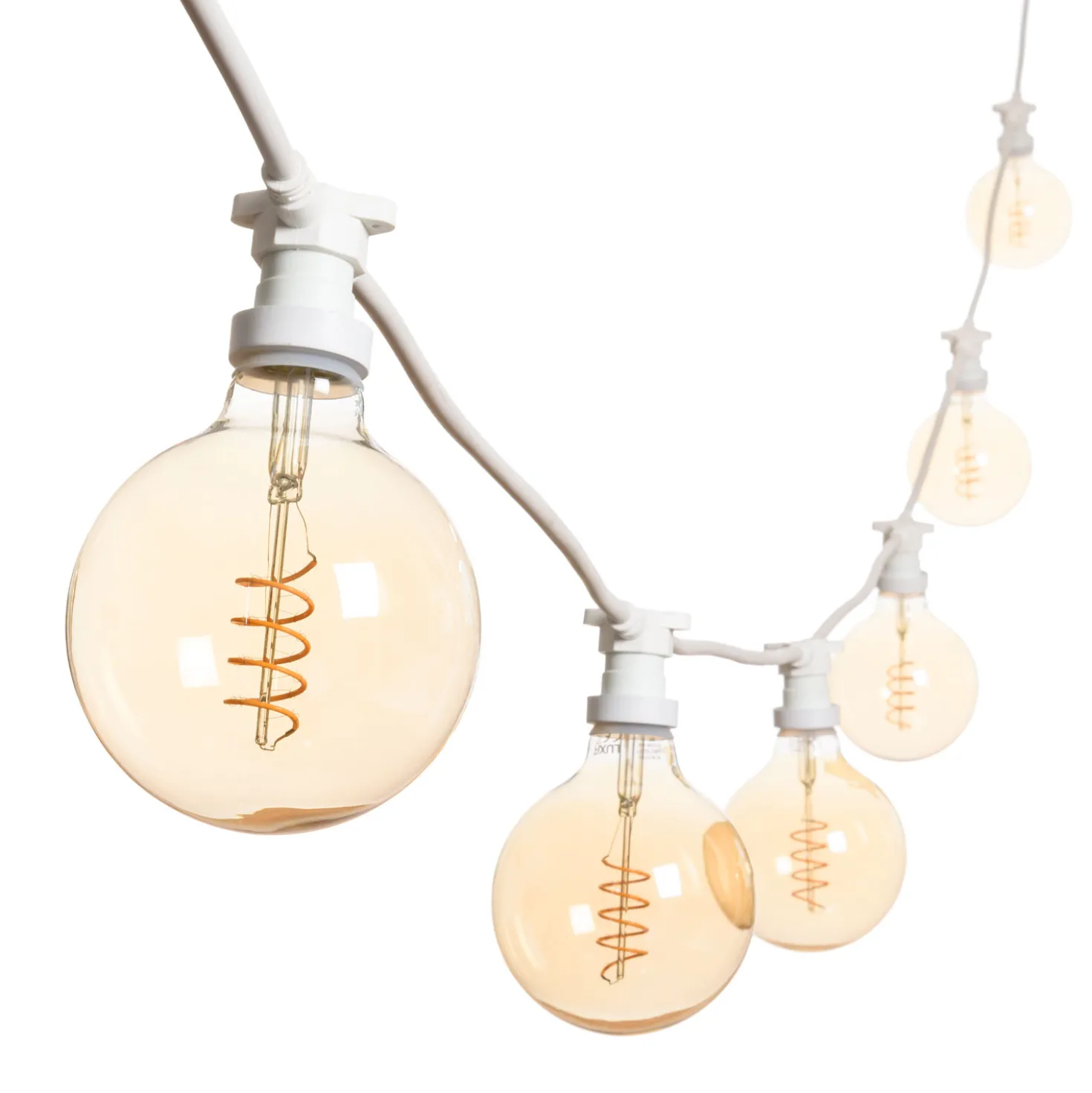 Catena 5 m, 8 lampadine globo Ø 125 mm di 4 Watt, led a spirale, cavo bianco, prolungabile
