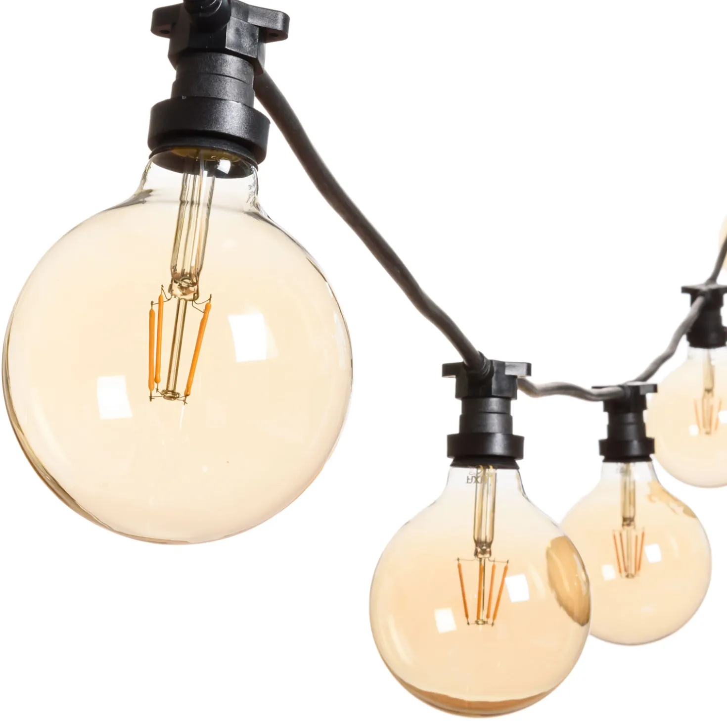 Catena 5 m, 5 lampadine globo Ø 125 mm di 4 Watt led, cavo nero, prolungabile
