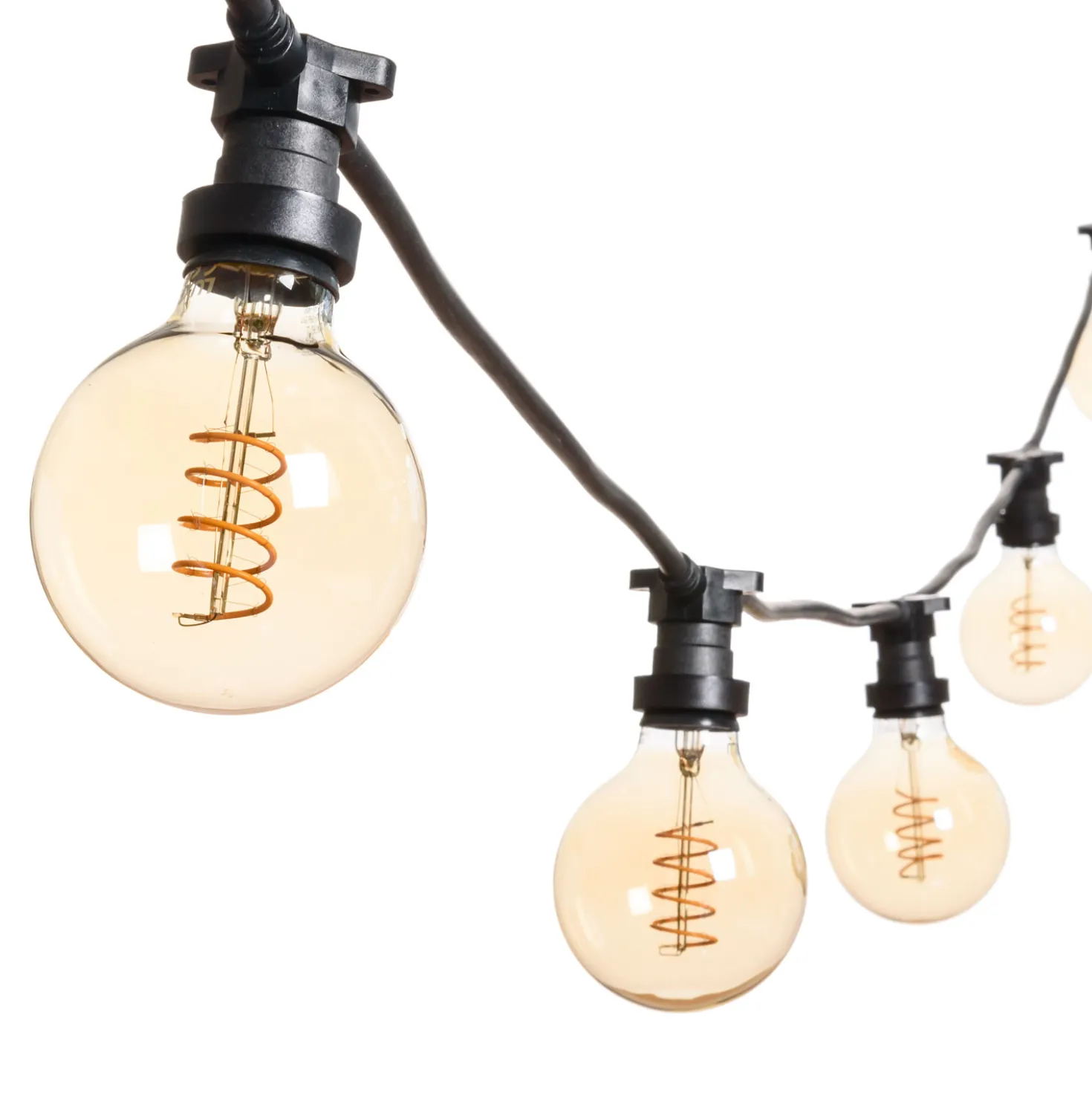 Catena 5 m, 5 lampadine globo Ø 95 mm di 4 Watt, led a spirale, cavo nero, prolungabile
