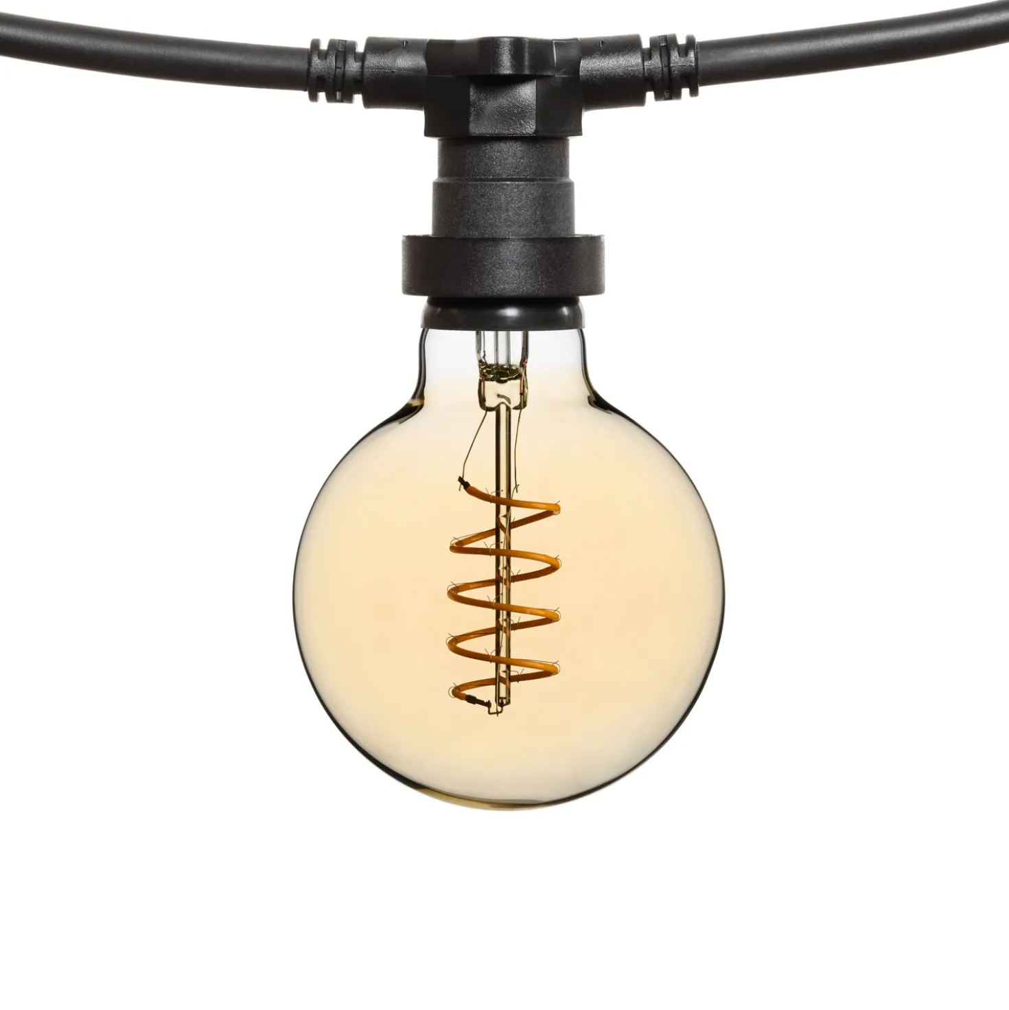 Catena 5 m, 5 lampadine globo Ø 95 mm di 4 Watt, led a spirale, cavo nero, prolungabile
