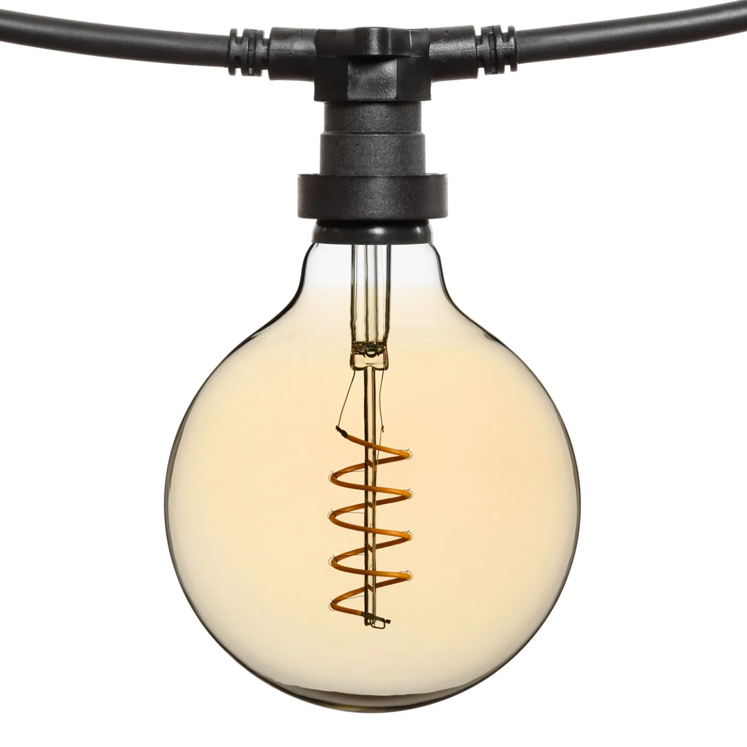 Catena 5 m, 8 lampadine globo Ø 125 mm di 4 Watt, led a spirale, cavo nero, prolungabile