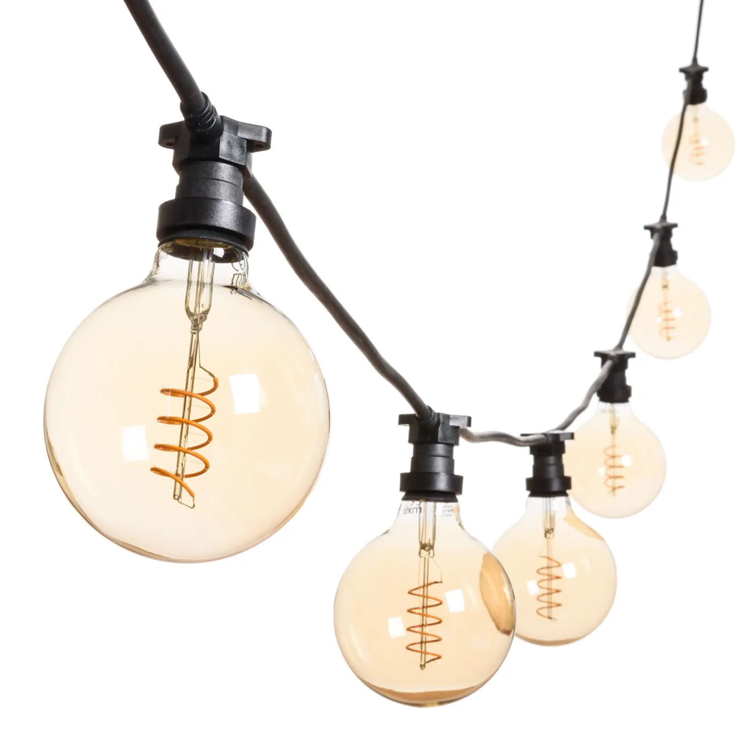 Catena 5 m, 8 lampadine globo Ø 125 mm di 4 Watt, led a spirale, cavo nero, prolungabile