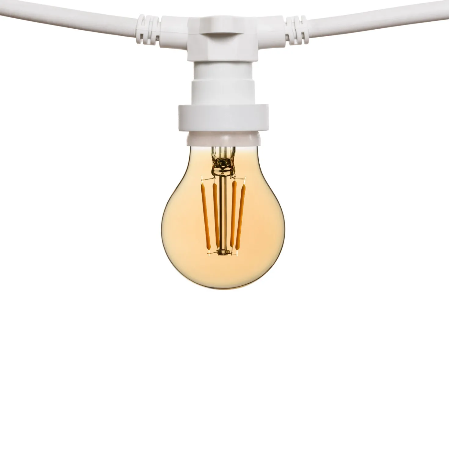 Catena 5 m, 16 lampadine goccia Ø 67 mm led di 8 Watt, dimmerabili, cavo bianco, prolungabile