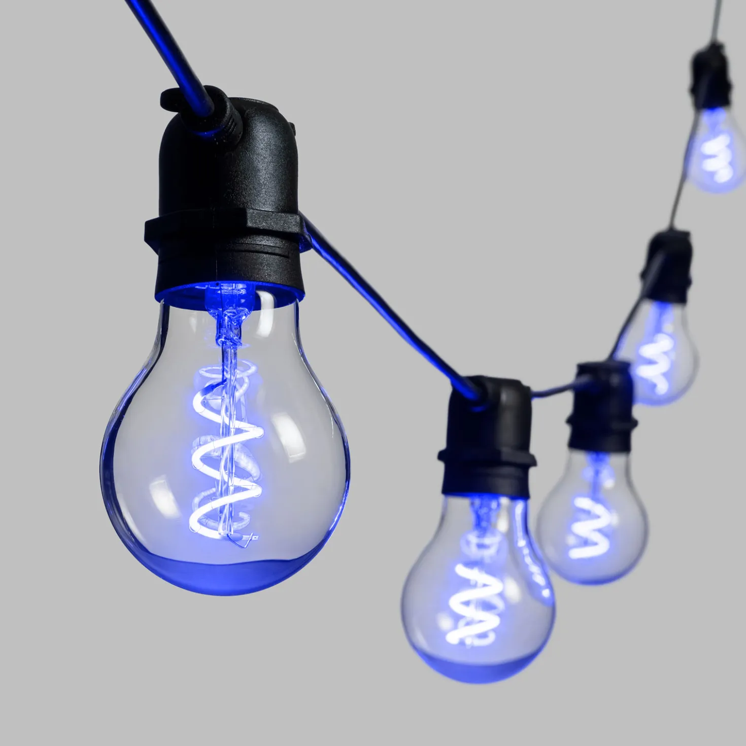 Catena 5 m, 10 lampadine goccia Ø 60 mm, led blu a spirale, prolungabile