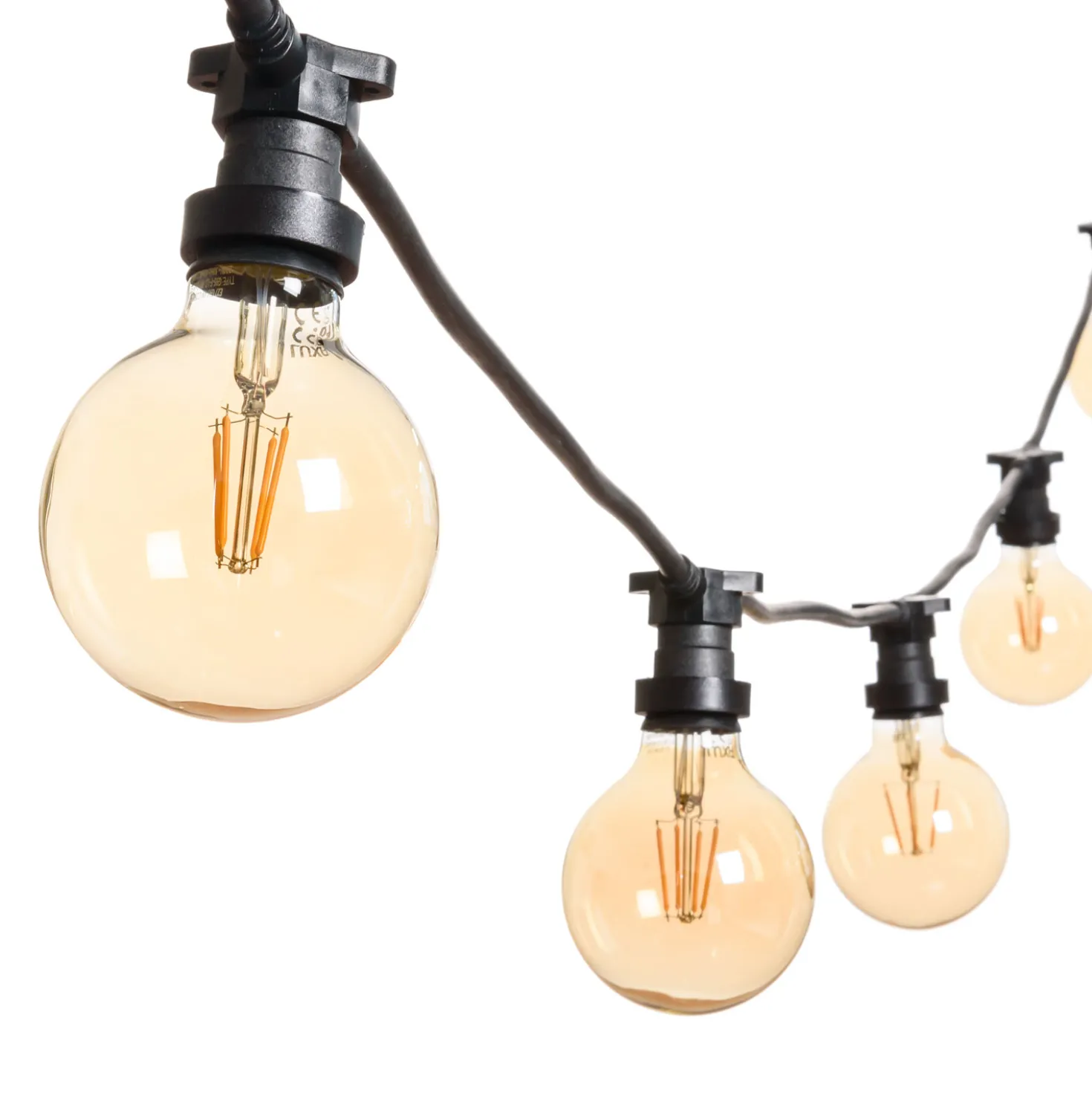 Catena 5 m, 5 lampadine led globo Ø 95 mm di 8 Watt led, dimmerabili, cavo nero, prolungabile