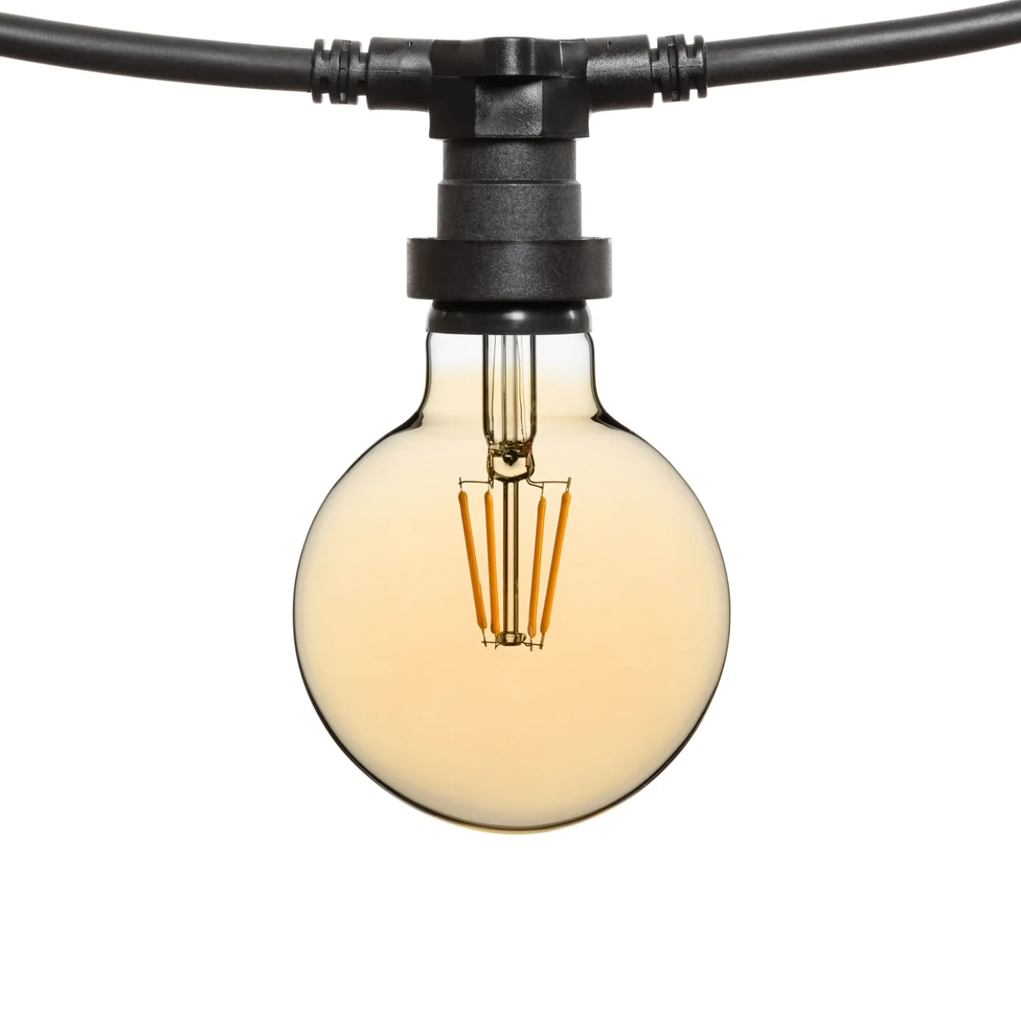 Catena 5 m, 8 lampadine led globo Ø 95 mm di 4 watt, dimmerabili, cavo nero, prolungabile