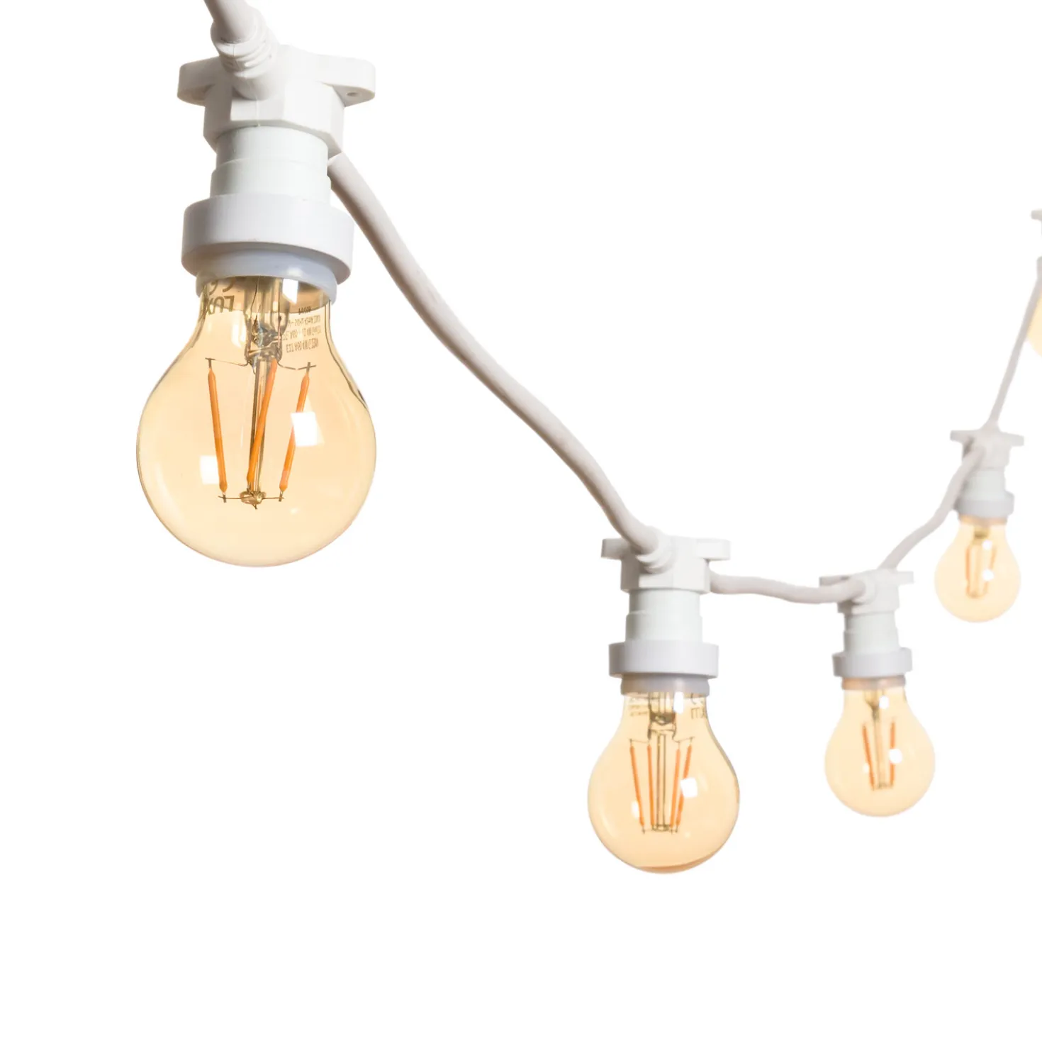 Catena 5 m, 5 lampadine led goccia Ø 67 mm di 8 Watt, dimmerabili, cavo bianco, prolungabile