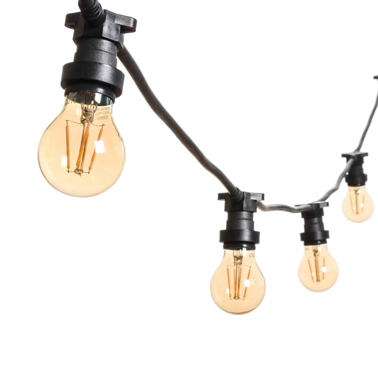 Catena 5 m, 5 lampadine led goccia Ø 67 mm di 8 Watt, dimmerabili, cavo nero, prolungabile