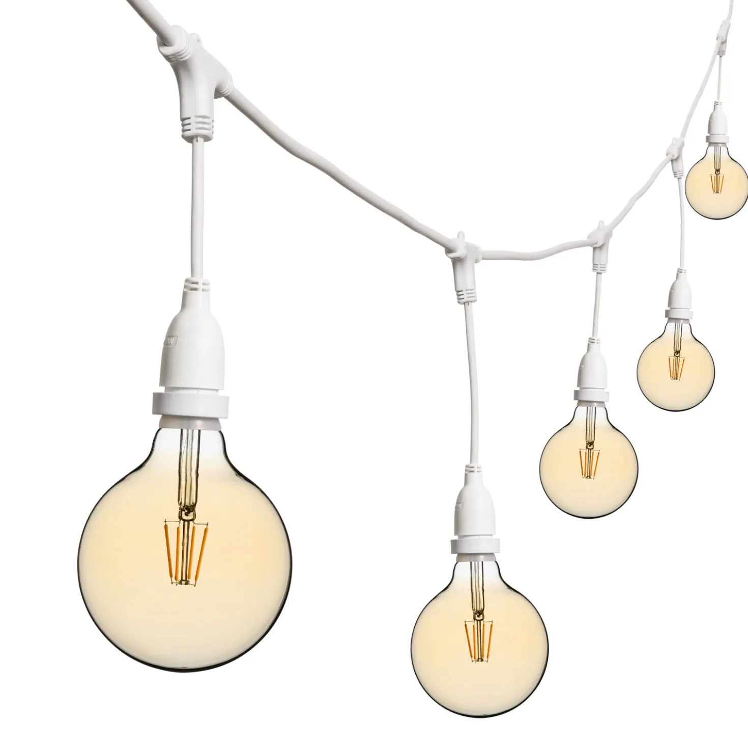 Catena 5 m, 8 lampadine led pendenti globo Ø 125 mm 8 Watt dimmerabili, h 30 cm, prolungabile