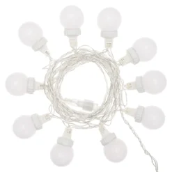 Catena 5 m, 10 sfere bianche Ø 50 mm, led bianco caldo, cavo trasparente, prolungabile