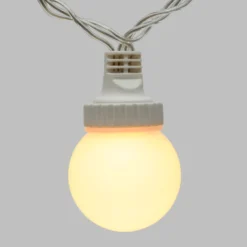 Catena 5 m, 10 sfere bianche Ø 50 mm, led bianco caldo, cavo trasparente, prolungabile
