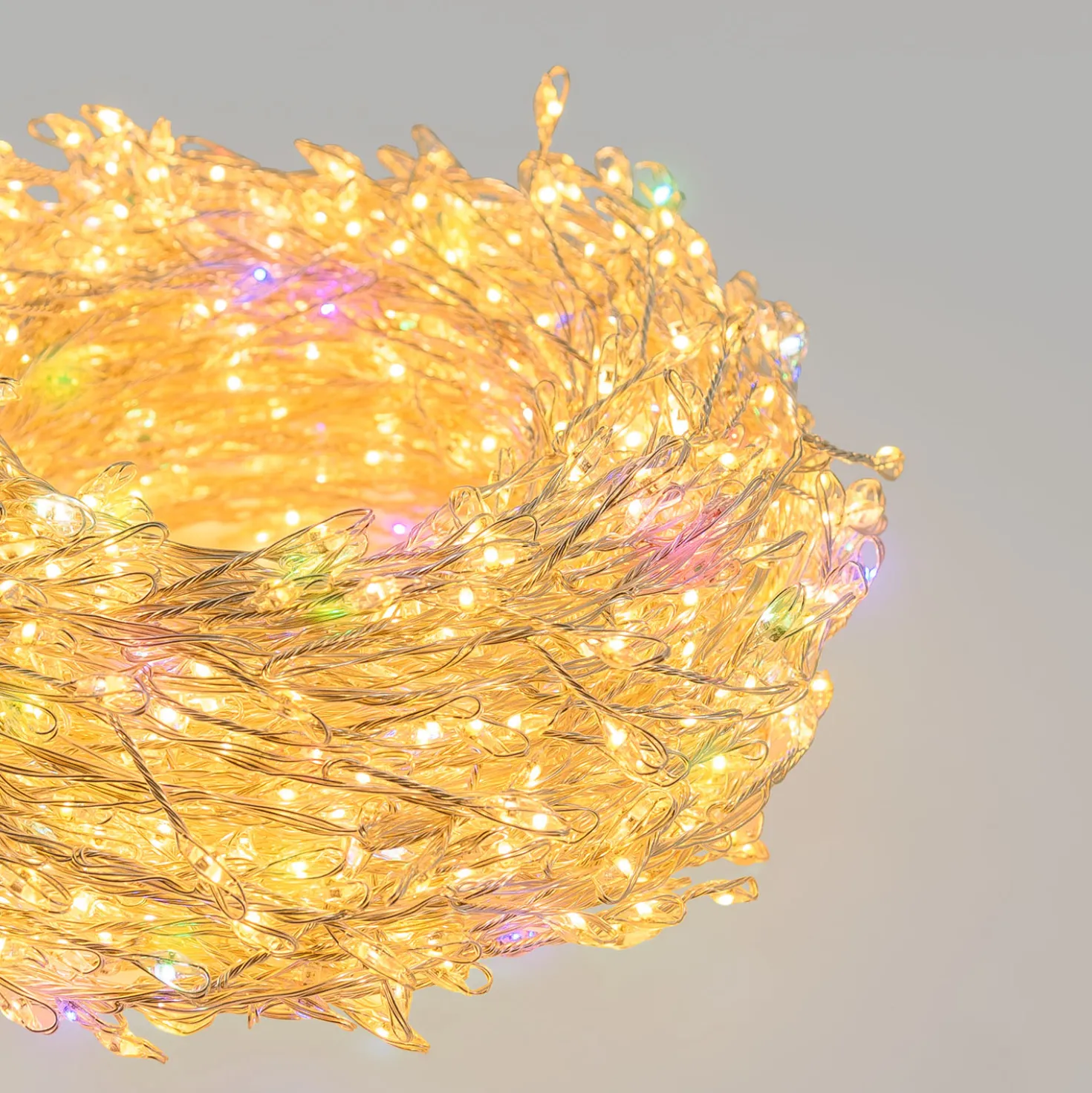 Catena Nastro di Luce 20 m, 1000 microled bianco caldo e RGB, cavo metal argento