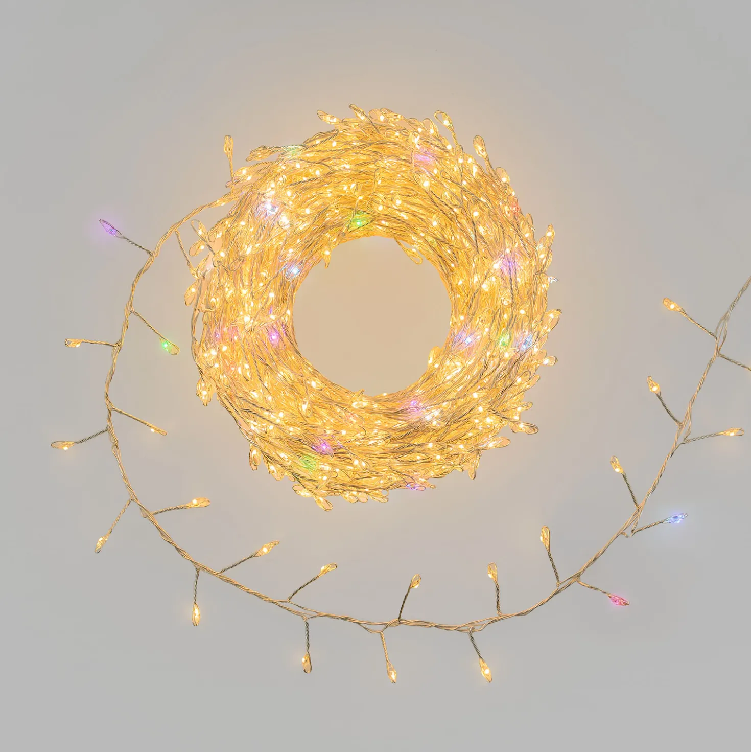 Catena Nastro di Luce 20 m, 1000 microled bianco caldo e RGB, cavo metal argento
