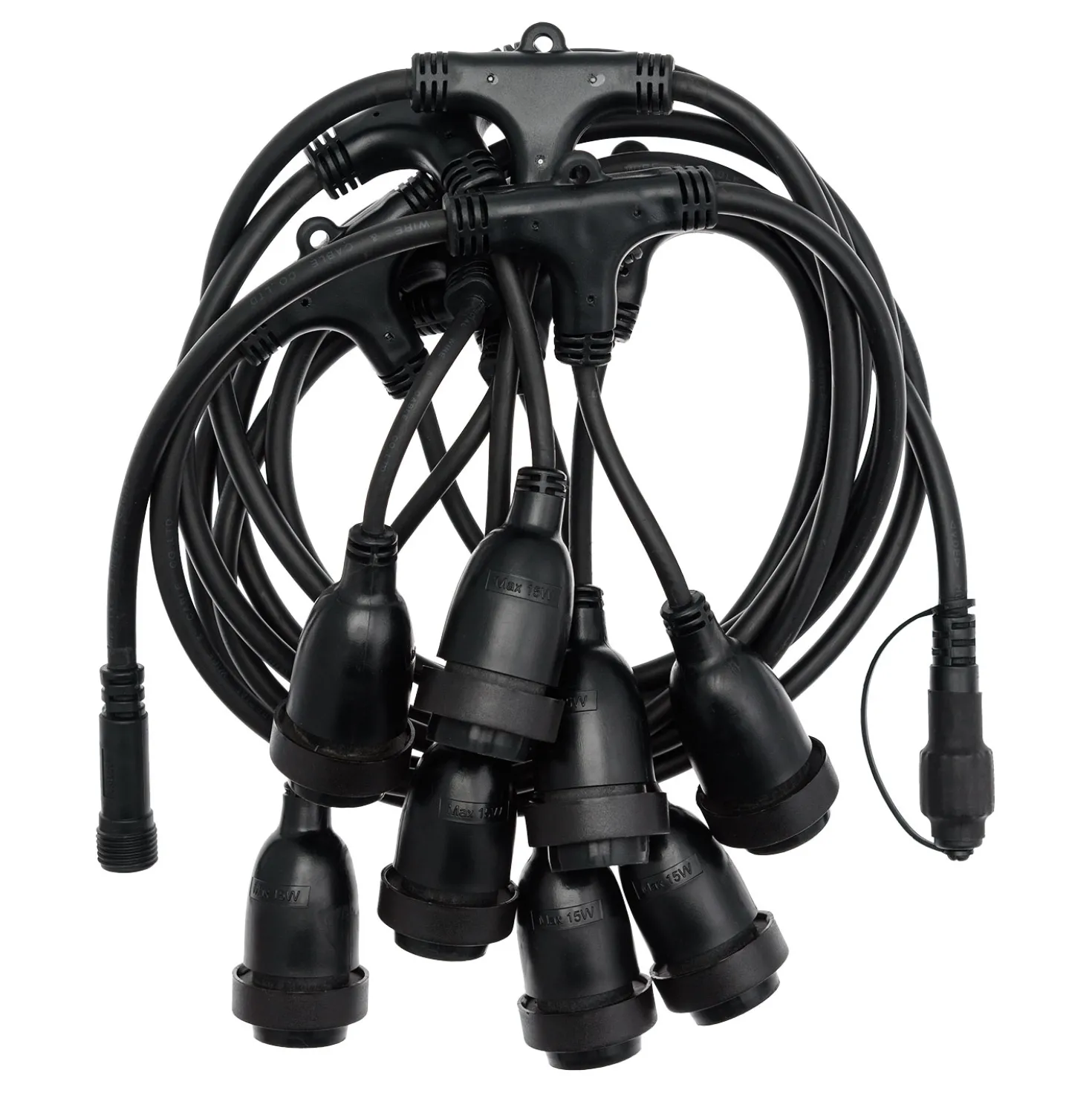 Catenaria con 8 portalampade pendenti E27, h 30 cm, 5 metri, cavo nero, prolungabile