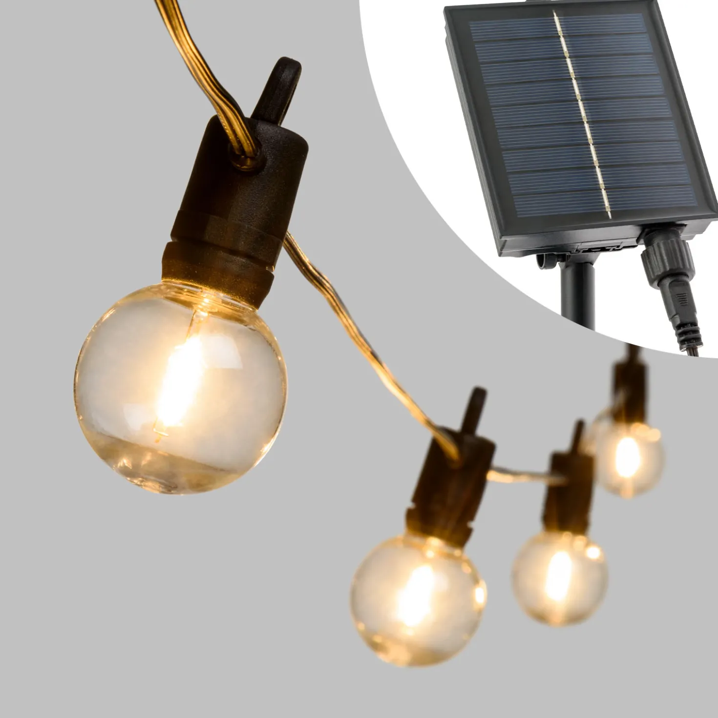 Catena solare di 5 m, 12 lampadine trasparenti Ø 40 mm, led bianco caldo