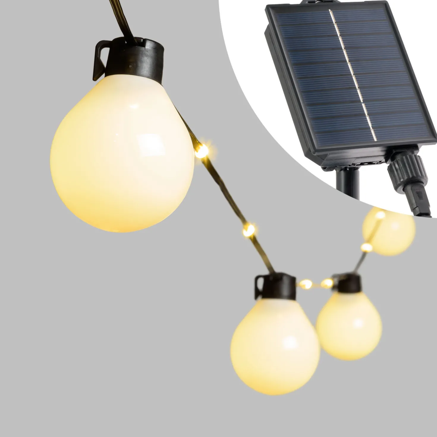 Catena solare 8 m con cavo illuminato, 20 lampadine bianche, 58 led bianco caldo, cavo nero