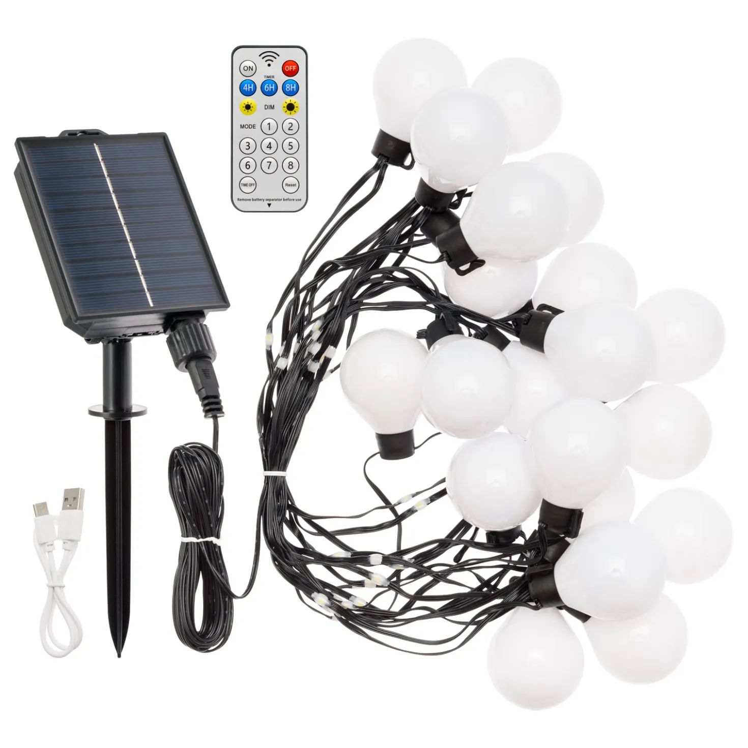 Catena solare 8 m con cavo illuminato, 20 lampadine bianche, 58 led bianco caldo, cavo nero