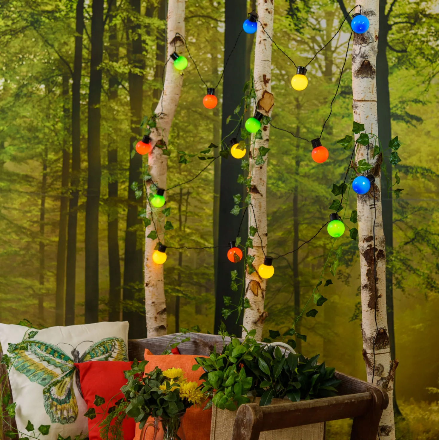 Catena solare 6 m, 15 lampadine multicolor Ø 50 mm, led bianco caldo
