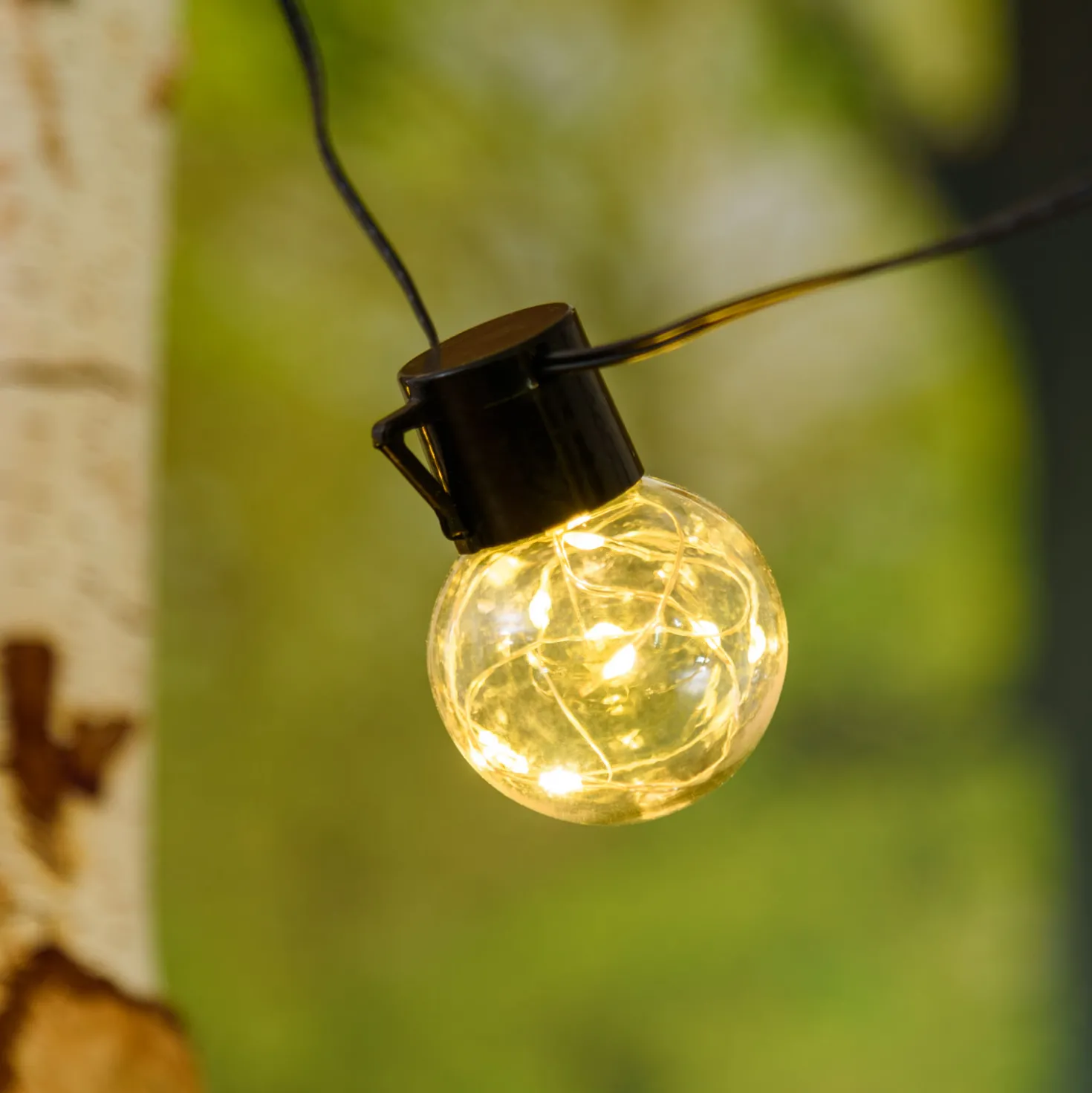 Catena solare 6 m, 15 lampadine trasparenti Ø 50 mm, microled bianco caldo