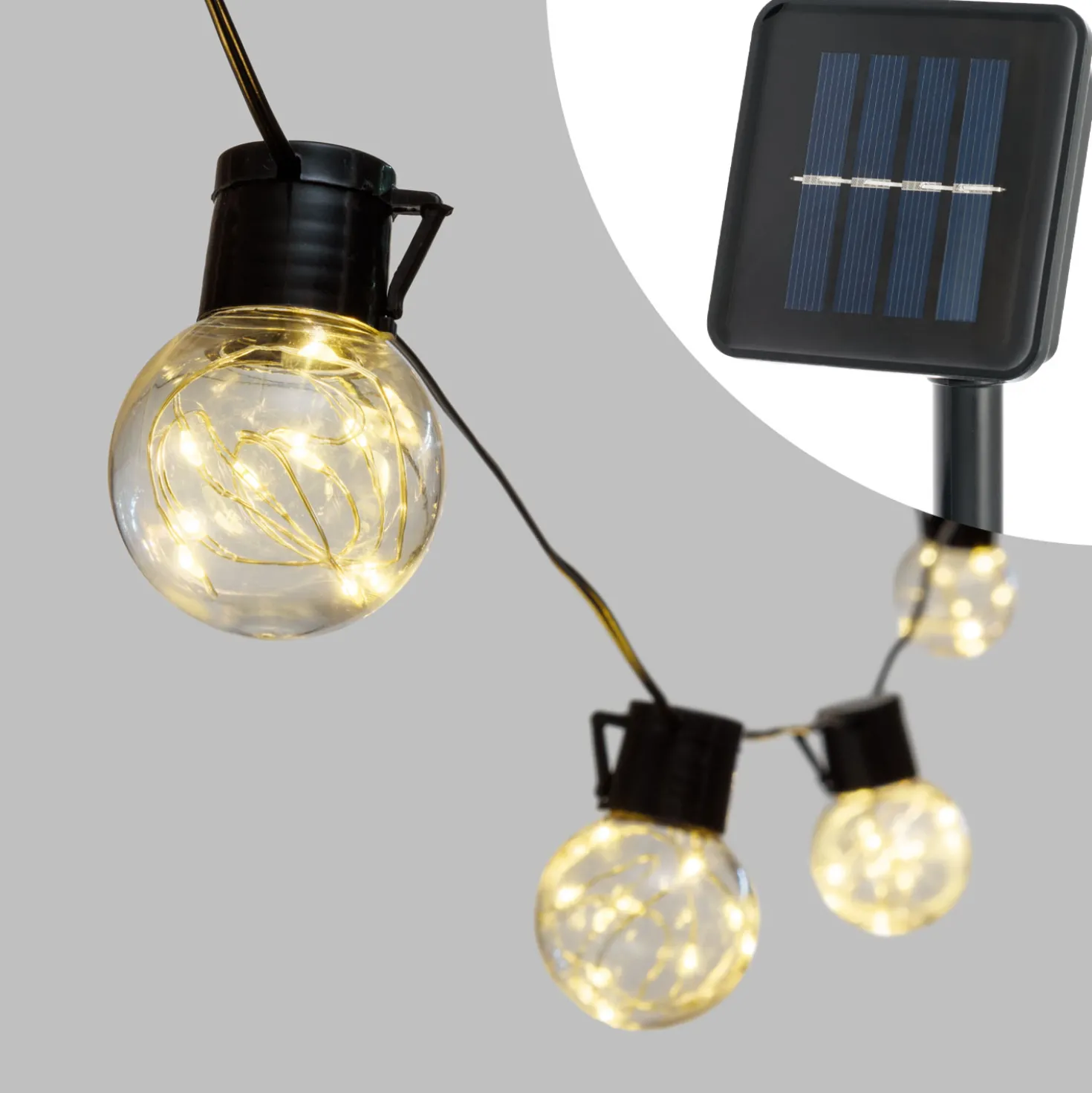 Catena solare 6 m, 15 lampadine trasparenti Ø 50 mm, microled bianco caldo