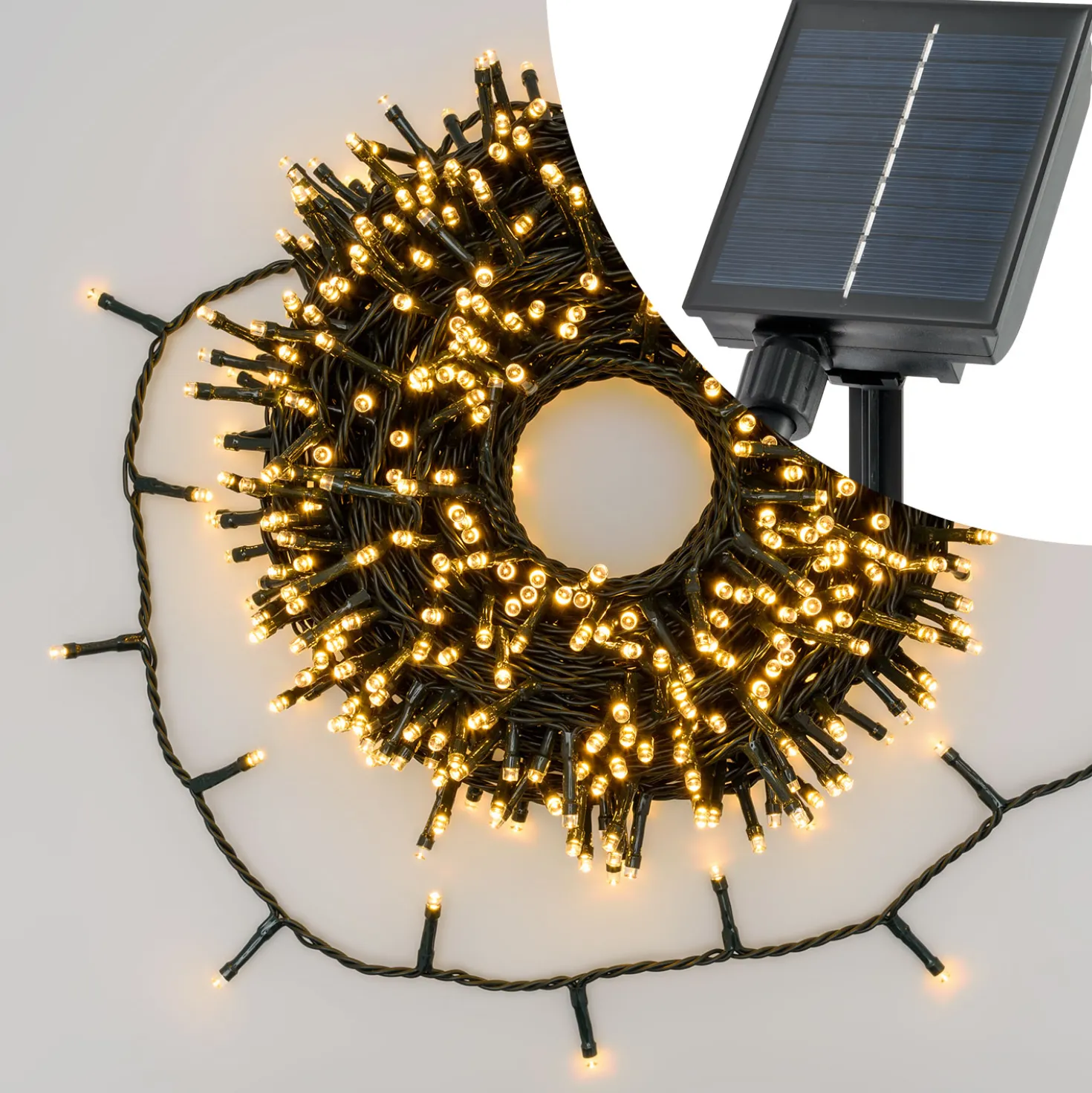 Catena solare 20 m, 400 led bianco caldo, cavo verde, Power Bank con ricarica USB