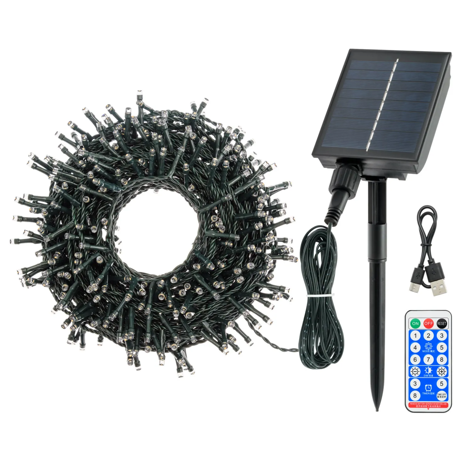 Catena solare 20 m, 400 led bianco caldo, cavo verde, Power Bank con ricarica USB