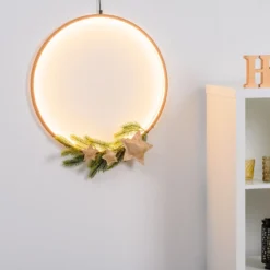 Cerchio in legno naturale, 57 cm, led bianco caldo, uso interno
