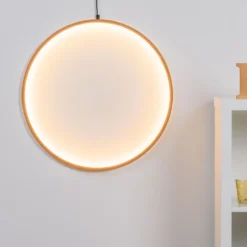Cerchio in legno naturale, 57 cm, led bianco caldo, uso interno